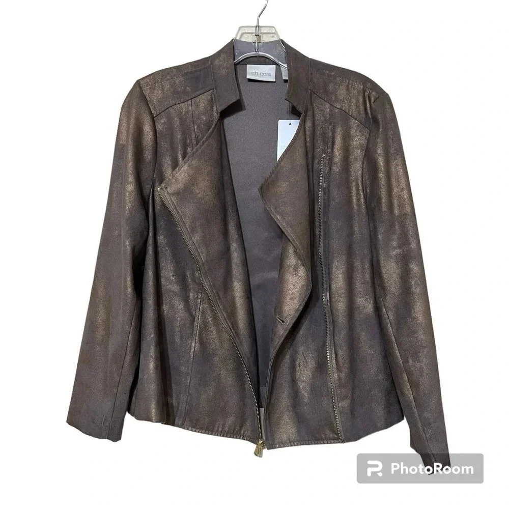 Chico’s Faux Suede Moto Jacket‎ Bronze Metallic Open Front